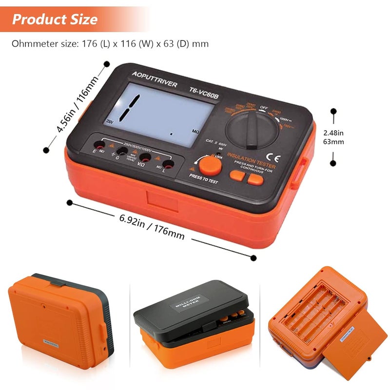 AOPUTTRIVER Megohmmeter 1000V Insulation Resistance Tester, 1999 Counts Megaohm Meter Big LCD Display DCV ACV Megohm Meter DC250/500/1000V, 200MΩ~2000MΩ Resistance Testing with Data Hold Backlit for Motor Cables - Image 3
